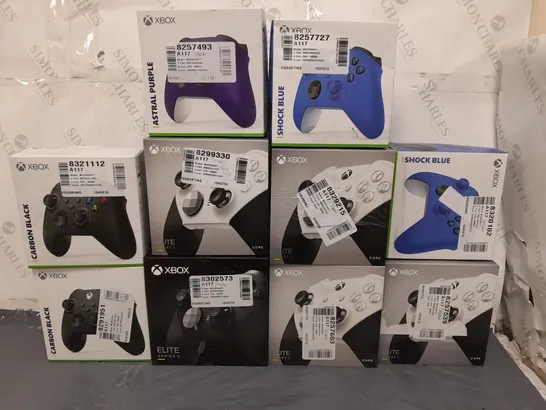 10 ASSORTED BOXED XBOX CONTROLLERS IN VARIOUS COLOURS AND TYPES TO INCLUDE XBOX ONE AND SERIES X