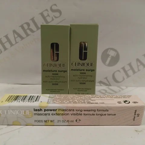 BOX OF 3 ASSORTED CLINIQUE PRODUCTS TO INCLUDE MOISTURE SURGE 100H HYDRATOR & LASH POWER MASCARA #01 BLACK ONYX 