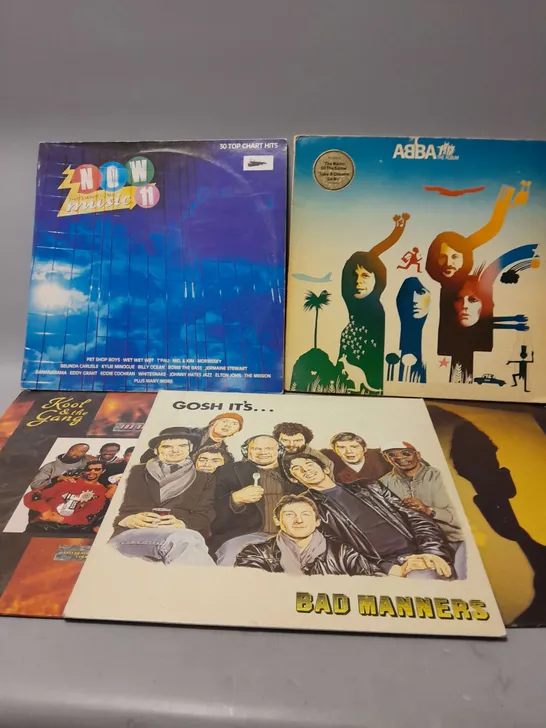 10 ASSORTED VINYL RECORDS TO INCLUDE NOW THATS WHAT I CALL MUSIC 11, HUE AND CRY SEDUCED AND ABANDONED, ABBA THE ALBUM, ETC