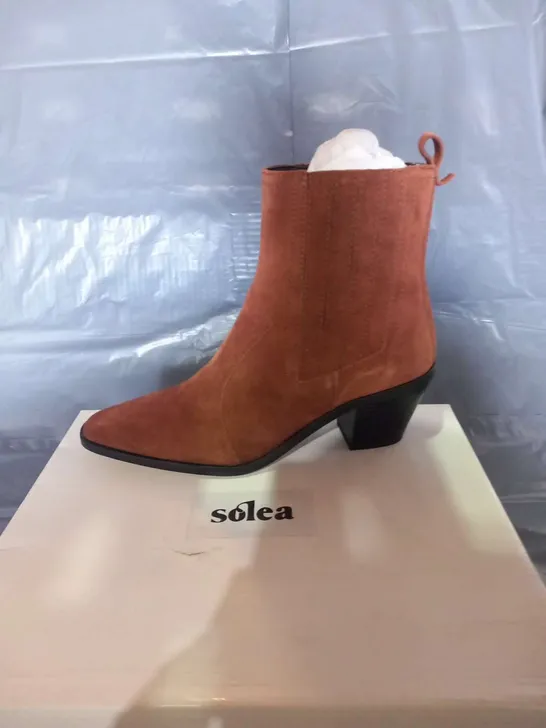 BOXED SOLEA FARES BROWN SUEDE ANKLE BOOTS SIZE 6