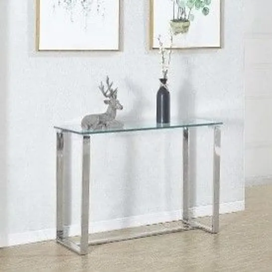 BOXED VALUE MARK OMEGA SOFA TABLE WITH CHROME CHROME LEGS AND CLEAR GLASS TOP (1 BOX)