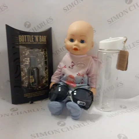 APPROXIMATELY 6 ASSORTED PRODUCTS TO INCLUDE; BABY ANNABELL, DEAD MANS FINGER BOTTLE N BAR AND SUNGLASSES