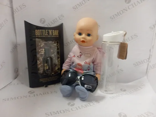 APPROXIMATELY 6 ASSORTED PRODUCTS TO INCLUDE; BABY ANNABELL, DEAD MANS FINGER BOTTLE N BAR AND SUNGLASSES