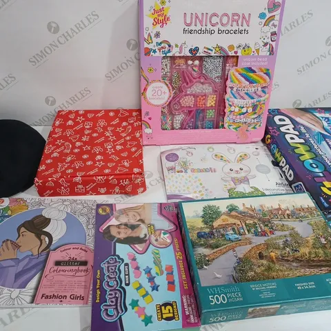 LARGE BOX OF ASSORTED TOYS AND GAMES TO INCLUDE COLOURING BOOKS, JIGSAWS AND GLOWPAD