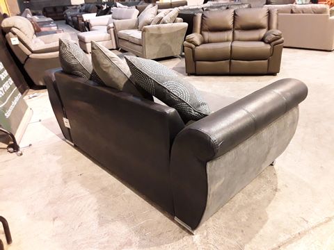 DESIGNER GREY AND BLACK FABRIC TWO SEATER SOFA WITH SCATTER BACK CUSIONS 
