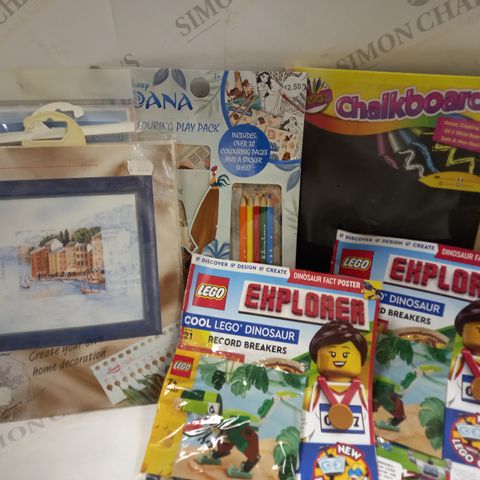BOX OF APPROX 20 ASSORTED ITEMS TO INCLUDE LEGO MAGAZINES, CROSS STITCH PACKS, CHAULKBOARD 