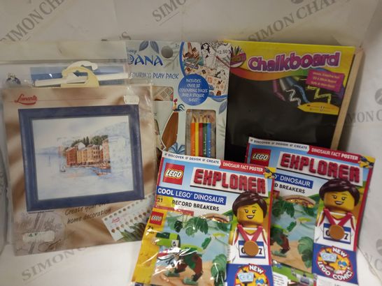 BOX OF APPROX 20 ASSORTED ITEMS TO INCLUDE LEGO MAGAZINES, CROSS STITCH PACKS, CHAULKBOARD 
