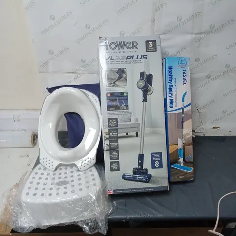 MIXED LOT OF HOUSEHOLD ITEMS TO INCLUDE, SPRAY MOP, TOWER CORDLESS VACUUM CLEANER POTTY AND STEP ETC.