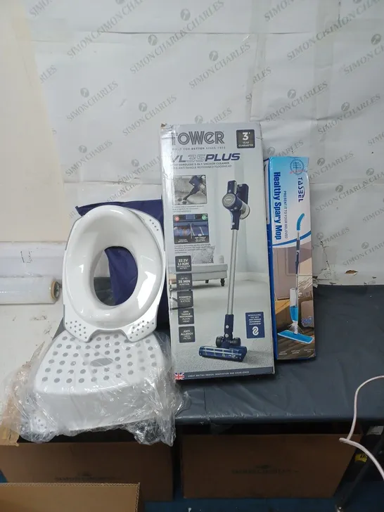 MIXED LOT OF HOUSEHOLD ITEMS TO INCLUDE, SPRAY MOP, TOWER CORDLESS VACUUM CLEANER POTTY AND STEP ETC.