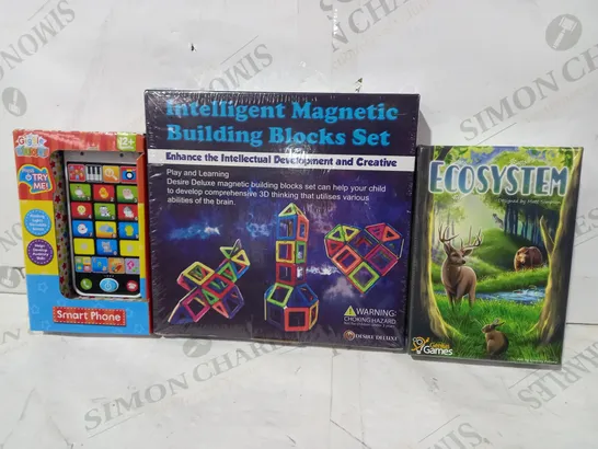 BOX OF APPROXIMATELY 10 ASSORTED TOYS AND GAMES TO INCLUDE INTELLIGENT MAGNETIC BUILDING BLOCKS SET, GENIUS GAMES ECOSYSTEM, GIGGLE AND GROW SMART PHONE, ETC