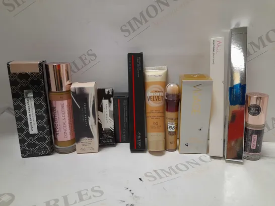 LOT OF APPROX 12 ASSORTED MAKEUP PRODUCTS TO INCLUDE REVOLUTION CONCEALOR, FENTY BEAUTY LIPSTICK, VISAGE RETINOL SERUM, ETC