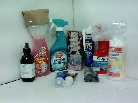 SMALL BOX OF ASSORTED LIQUID HOMEWARE ITEMS TO INCLUDE MAGIC COUNTERTOP CLEANER, HG MOULD SPRAY, ACRYLIC SEALANT