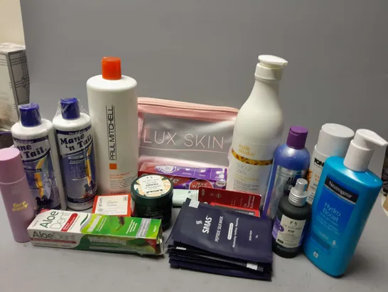 APPROXIMATELY 20 ASSORTED HEALTH & BEAUTY ITEMS TO INCLUDE SMAS PEPTIDE SILK MASKS, NEUTROGENA HYDRO BOOST BODY GEL CREAM (400ml), PAUL MITCHELL COLOR PERFECT SHAMPOO (1L), ETC