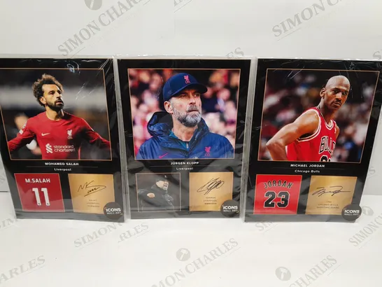 THREE ASSORTED WALL ICONS ART WORKS TO INCLUDE; MOHAMED SALAH, JURGEN KLOPP AND MICHAEL JORDAN