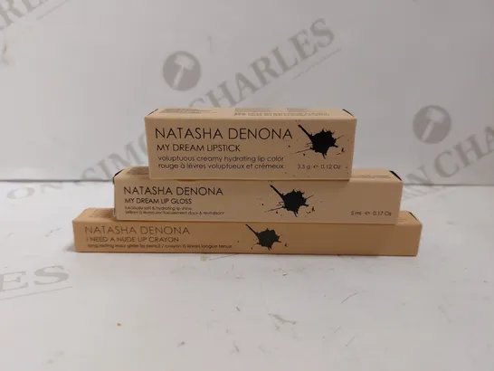 BOX OF 3 NATASHA DENONA ITEMS TO INCLUDE MY DREAM LIPSTICK, MY DREAM LIP GLOSS, I NEED A NUDE LIP CRAYON