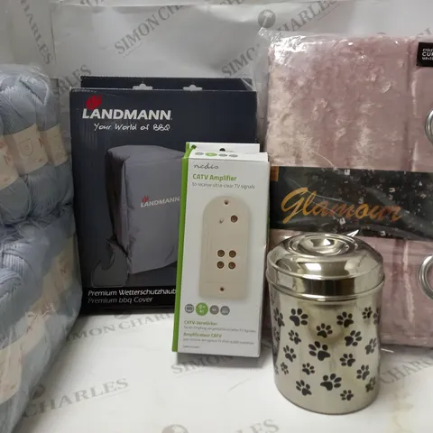 LOT OF APPROX 10 ASSORTED HOUSEHOLD ITEMS TO INCLUDE PINK EYELET CURTAINS, PREMIUM BBQ COVER, CATV AMPLIFIER, ETC 