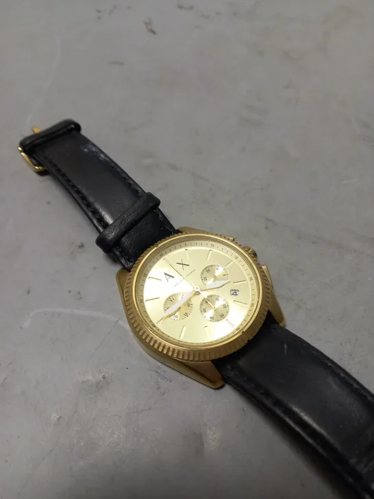 ARMANI EXCHANGE STAINLESS STEEL WATCH IN GOLD AND BLACK LEATHER