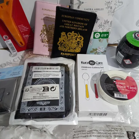 LOT OF ASSORTED ITEMS TO INCLUDE- PASSPORT COVERS/ LAURA ASHLEY/ SOCK TAPE/ CHILDRENS CUTLERY SET 