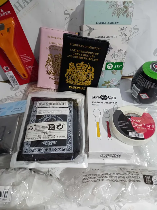 LOT OF ASSORTED ITEMS TO INCLUDE- PASSPORT COVERS/ LAURA ASHLEY/ SOCK TAPE/ CHILDRENS CUTLERY SET 