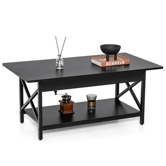 BOXED 2-TIER INDUSTRIAL COFFEE TABLE FOR LIVING ROOM BEDROOM OFFICE - BLACK