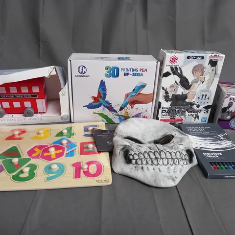 MEDIUM BOX OF ASSORTED TOYS AND GAMES TO INCLUDE PENCIL CRAYONS, PULL ALONG BUS AND 3D PRINTING PENS