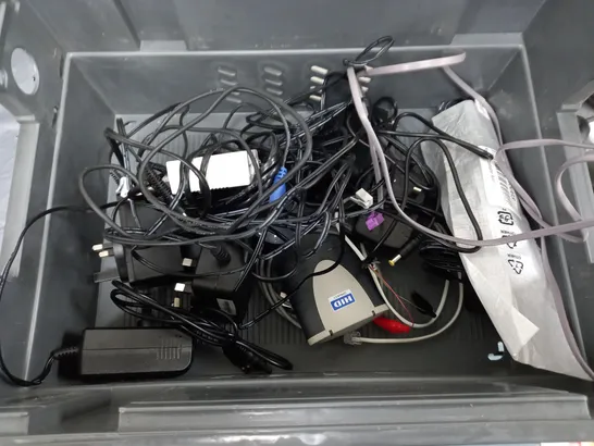 BOX OF ASSORTED HOUSEHOLD ITEMS TO INCLUDE WIFI BOXES, ASSORTED CABLES AND BT