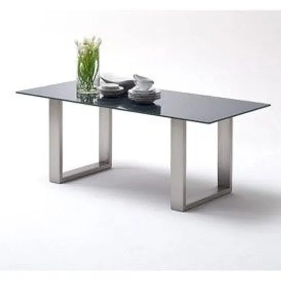 BRAND NEW BOXED SAYONA GLASS DINING TABLE WIDE IN GREY WITH STEEL LEGS 220×76×100CM (2 BOXES)