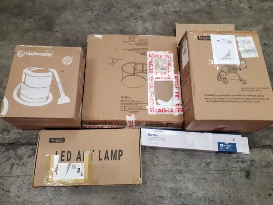 PALLET OF ASSORTED PRODUCTS INCLUDING LED ART LAMP, COFFEE TABLE, VACMASTER, PRAM