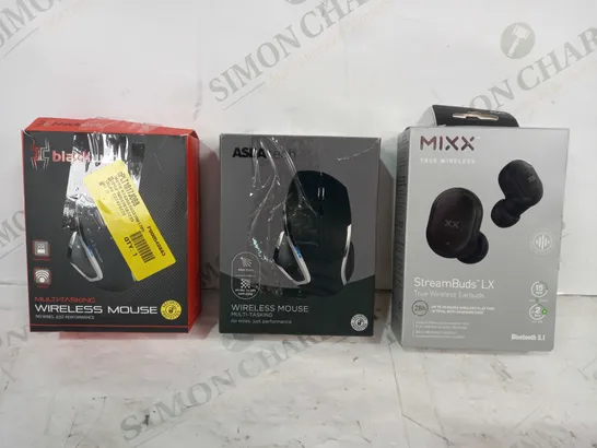 BOX OF APPROXIMATELY 20 ASSORTED ELECTRICAL ITEMS TO INCLUDE MIXX STREAMBUDS LX WIRELESS EARBUDS, ASDA TECH WIRELESS MOUSE, BLACKWEB WIRELESS MOUSE, ETC