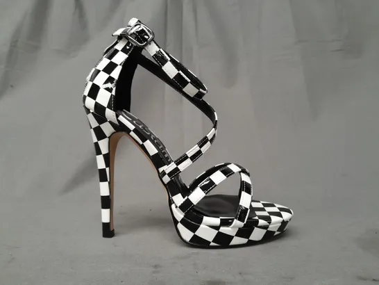 BOXED PAIR OF CASTAMERE OPEN TOE HIGH HEEL STRAPPY SANDALS IN BLACK/WHITE CHECKERBOARD EU SIZE 35