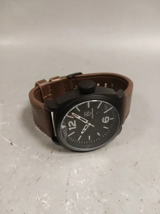 MENS FRANK SCHMIDT WATCH – LARGE BLACK CASE – BLACK PILOT DIAL – BROWN LEATHER STRAP – 3ATM WATER RESISTANT