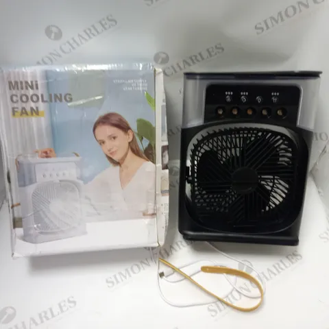 BOXED MINI COOLING FAN IN BLACK, WITH WATER TANK, USB CABLE AND CARRY STRAP