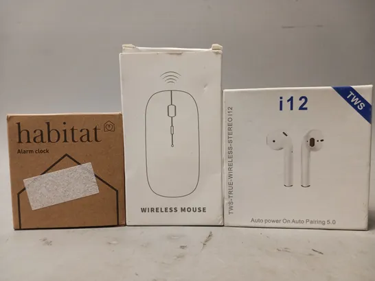 BOX OF APPROXIMATELY 15 ASSORTED ELECTRICAL ITEMS TO INCLUDE HABITAT ALARM CLOCK, WIRELESS EARPHONES, WIRELESS MOUSE, ETC