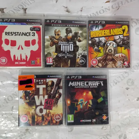 LOT OF 5 PLAYSTATION 3 GAMES TO INCLUDE BORDERLANDS 2, ARMY OF TWO, RESISTANCE 3, ETC