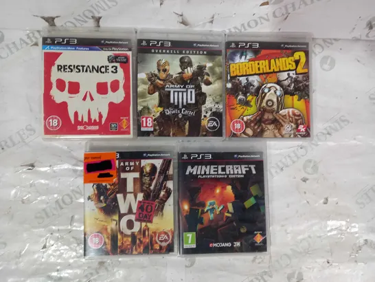 LOT OF 5 PLAYSTATION 3 GAMES TO INCLUDE BORDERLANDS 2, ARMY OF TWO, RESISTANCE 3, ETC