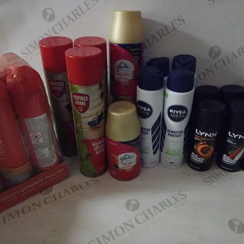 BOX OF HOUSEHOLD ITEMS TO INCLUDE LYNX DEODORANT BODYSPRAY , GLADE AUTOMATIC SPRAY , ETC