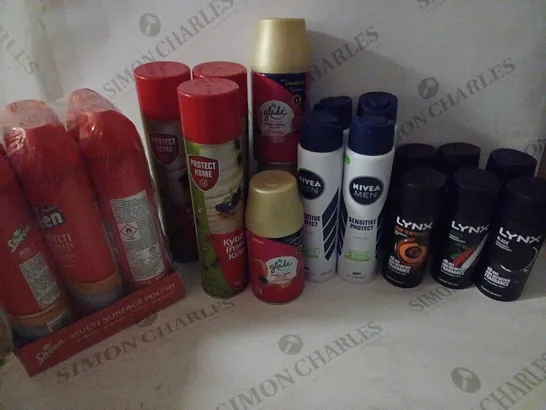 BOX OF HOUSEHOLD ITEMS TO INCLUDE LYNX DEODORANT BODYSPRAY , GLADE AUTOMATIC SPRAY , ETC