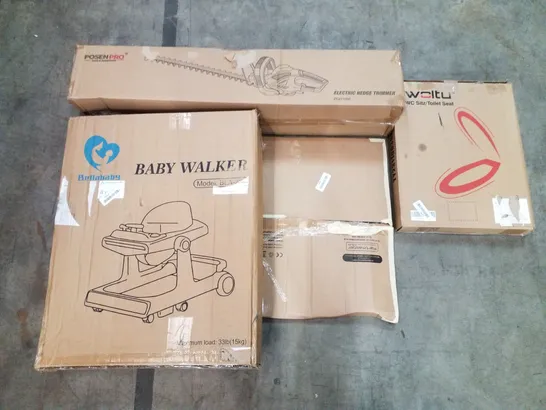 PALLET OF ASSORTED PRODUCTS INCLUDING ELECTRIC HEDGE TRIMMER, TOILET SEAT, WALL CLOCK, BABY WALKER