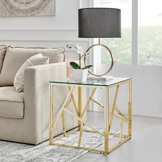 BOXED LUXURY FRAME GOLD CHROME AND GLASS SIDE TABLE (1 BOX)