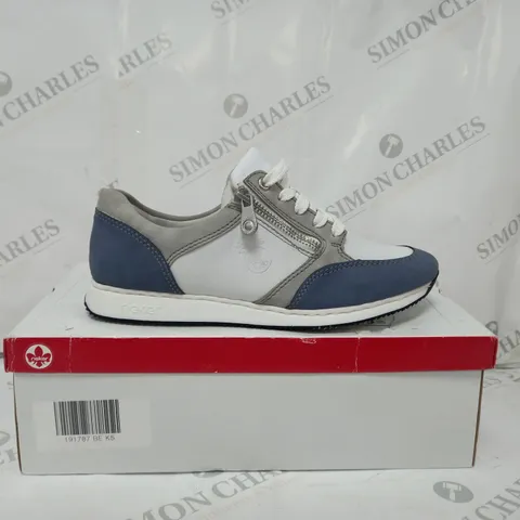 BOXED PAIR OF RIEKER SNEAKERS WITH REMOVABLE INSOLE COMBINATION BLUE UK SIZE 5