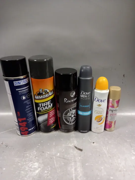 APPROXIMATELY 15 ASSORTED AEROSOLS TO INCLUDE DOVE DEODORANT, IMPULSE PINK SPRAY, TIRE FOAM ETC - COLLECTION ONLY 