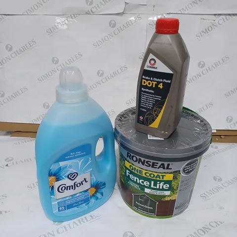 lot of 3 items to include ronseal one coat fence life - 5l, comma brake and clutch fluid dot 4 - 1l, comfort \fabric conditioner - 3l