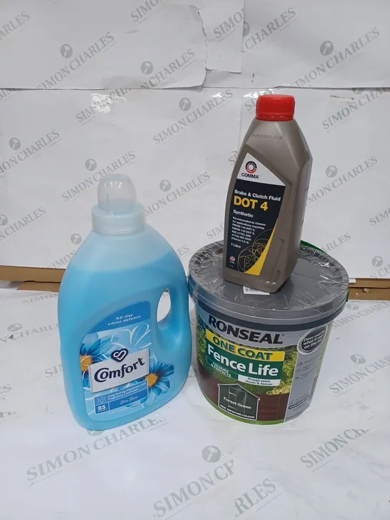 lot of 3 items to include ronseal one coat fence life - 5l, comma brake and clutch fluid dot 4 - 1l, comfort \fabric conditioner - 3l