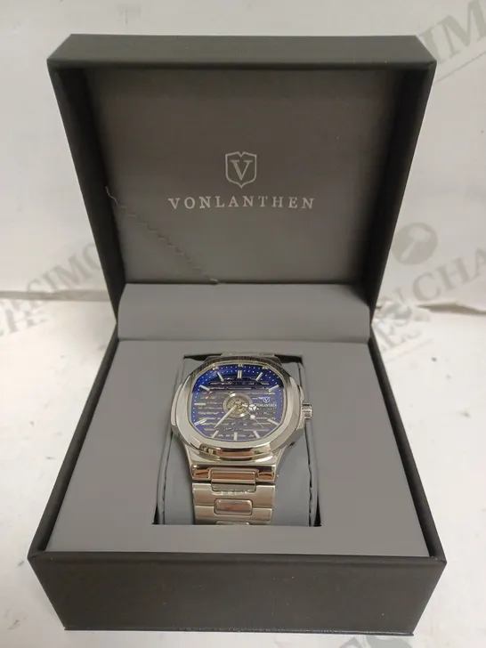 MENS VONLANTHEN AUTOMATIC WATCH – SKELETON DIAL – STAINLESS STEEL STRAP – GLASS EXHIBITION BACK CASE – NEW IN BOX