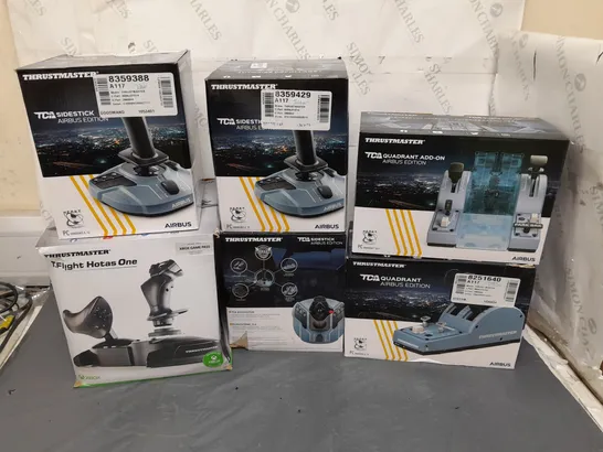 6 ASSORTED THRUSTMASTER GAMING EQUIPMENT TO INCLUDE SIDESTICK, FLIGHT HOTAS ONE, AND ARBUS QUADRANT ETC. 