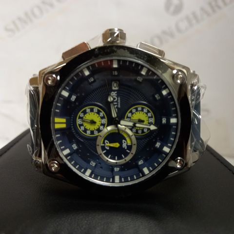 LATOR CALIBRE BLUE & YELLOW CHRONOGRAPH STYLE LEATHER STRAP WATCH