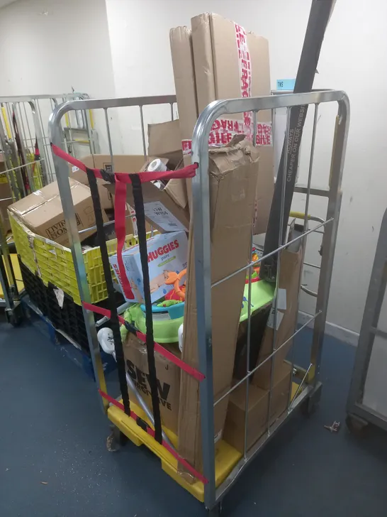 CAGE OF ASSORTED HOUSEHOLD ITEMS TO INCLUDE STIHL TS410, ARTHOUSE WALL PAPER ROLLS, HUGGIES PURE PLASTIC WIPES, FISHERPRICE BABY ACTIVITY STATION, AND VARIED PHOTOFRAMES ETC. 