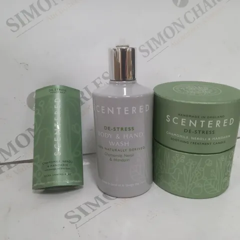 SET OF 3 SCENTERED ITEMS TO INCLUDE - DE STREE CANDLE - DE STRESS BODY & HAND WASH - THERAPY BALM