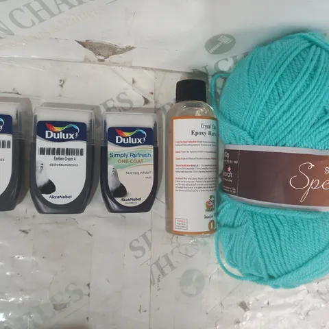 LOT OF APPROXIMATELY 10 ASSORTED HOUSEHOLD ITEMS TO INCLUDE STYLECRAFT SPECIAL YARN, CRYSTAL CLEAR EPOXY HARDENER, DULUX SIMPLY REFRESH ONE COAT, ETC