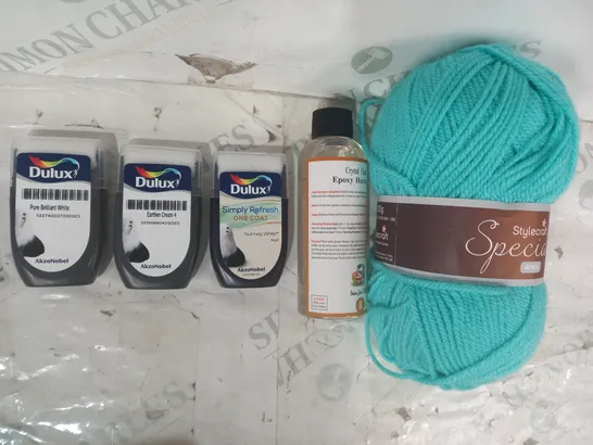 LOT OF APPROXIMATELY 10 ASSORTED HOUSEHOLD ITEMS TO INCLUDE STYLECRAFT SPECIAL YARN, CRYSTAL CLEAR EPOXY HARDENER, DULUX SIMPLY REFRESH ONE COAT, ETC